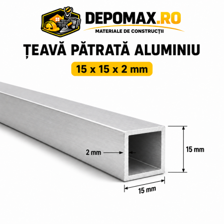 Teava patrata aluminiu 15 x 15 x 2 mm, 6 metri (EN AW-6060)